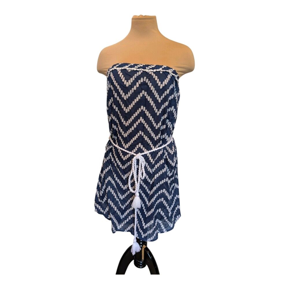 Mud Pie Navy Blue & White Cherokee ZigZag Allison Strapless Cover-Up Large New